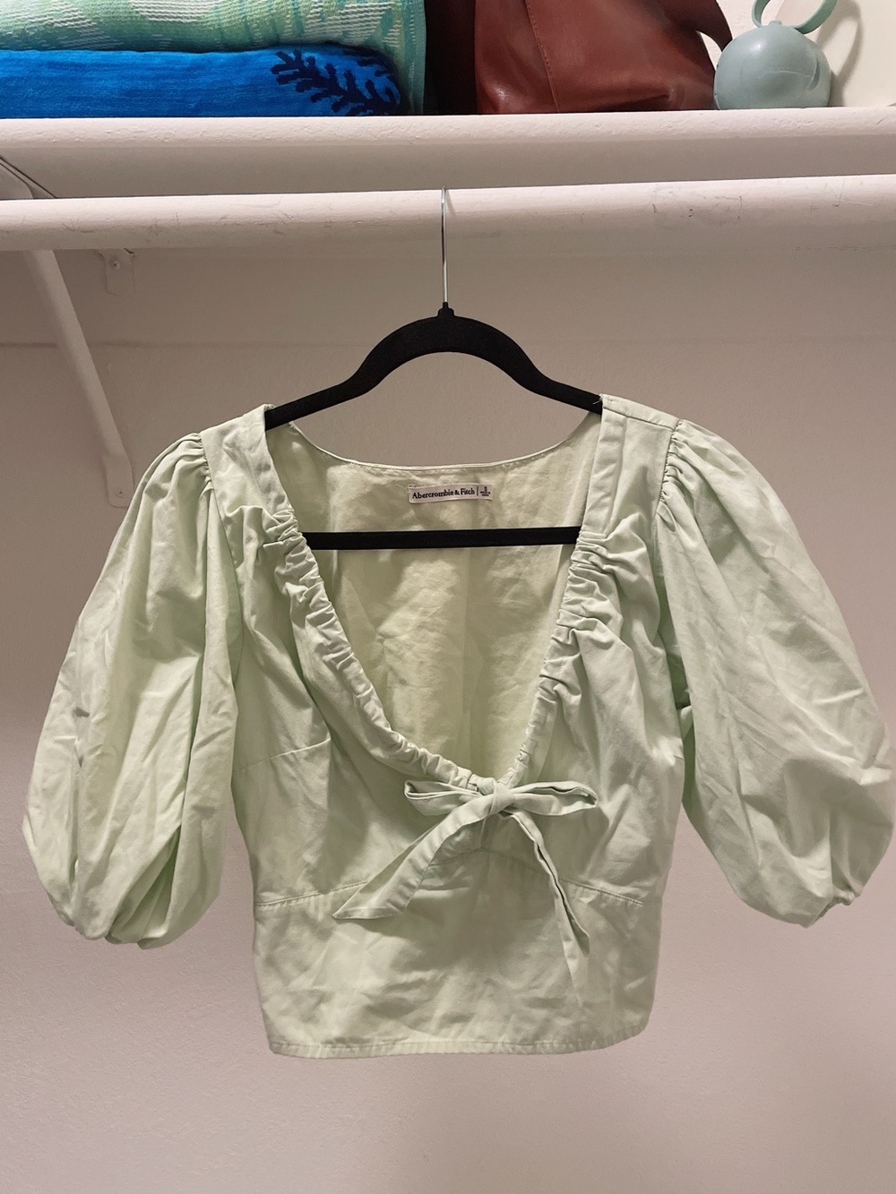 Abercrombie & Fitch Sage Green Puff-Sleeve Tie-Front Crop Top